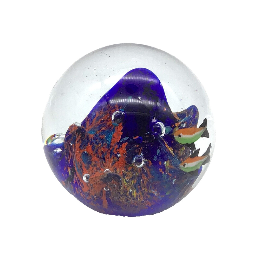 Vintage Blown Art Glass Paperweight Colorful Fish Underwater Scene Collectible
